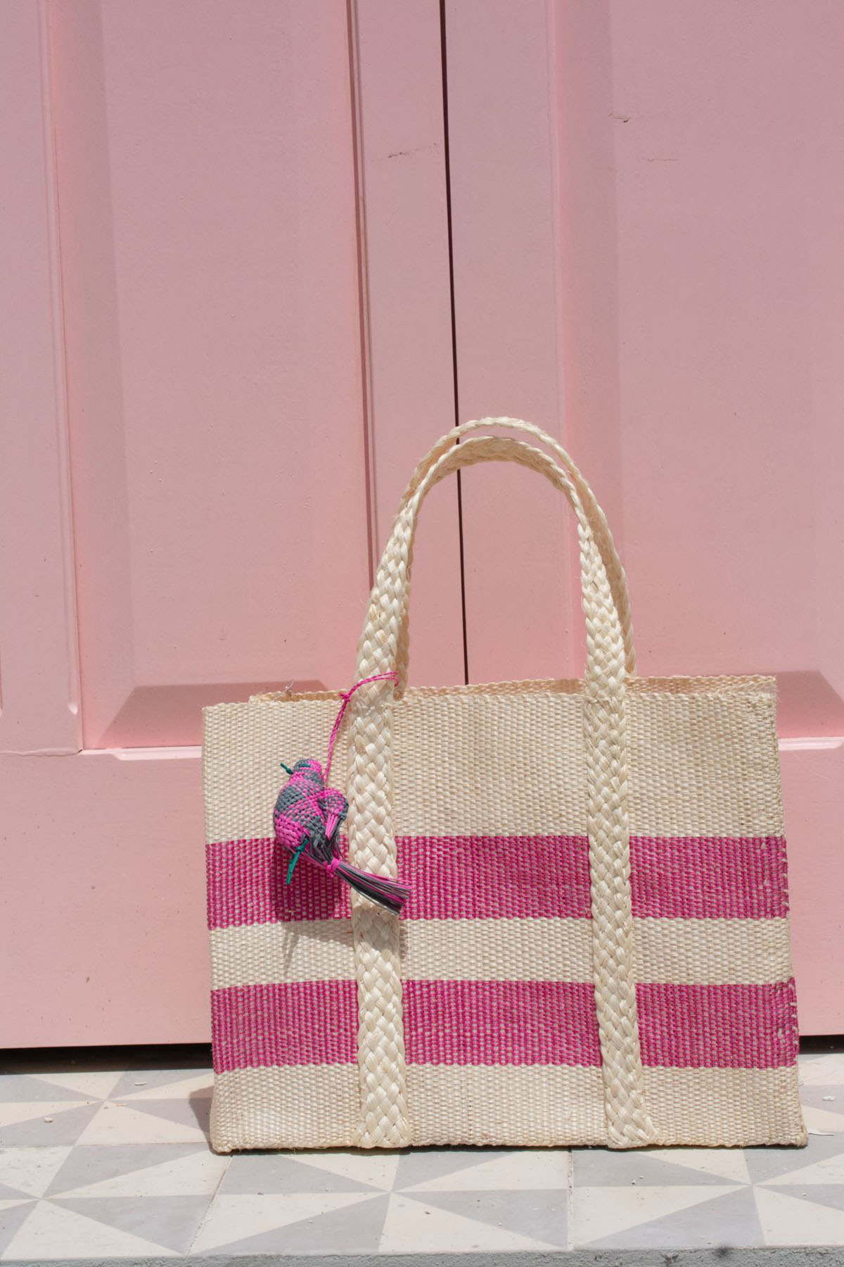 Bolsa Henequén cuadrada en rayas rosa con beige